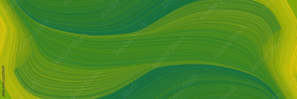 Poster artistic designed horizontal banner with forest green, golden rod and olive drab colors. fluid curved lines with dynamic flowing waves and curves
