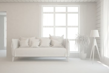 Mock up of stylish room in white color with sofa. Scandinavian interior design. 3D illustration