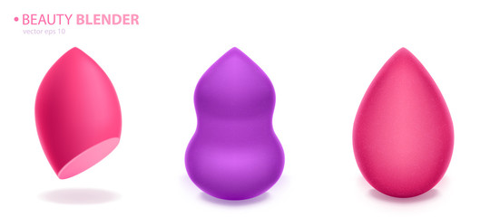 Beauty blenders set, sponges for makeup powder, concealer and foundation, pink and purple make up applicator of various shapes for cosmetics blending mockup. Realistic 3d vector illustration, icon