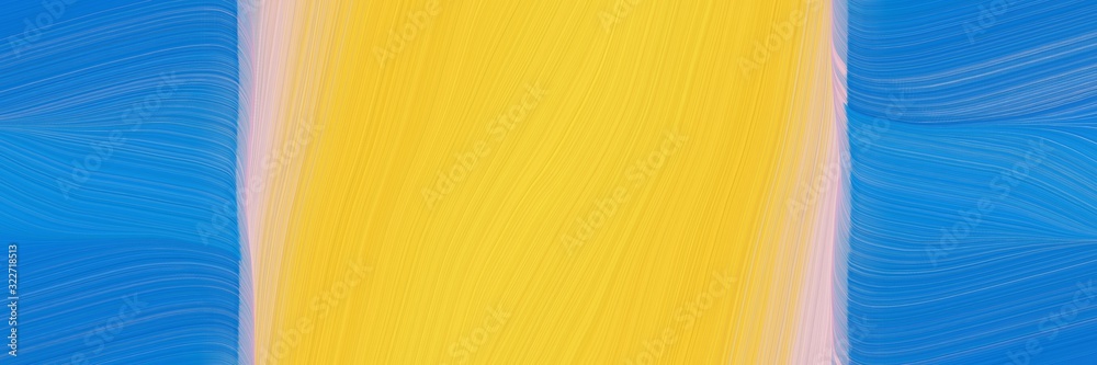Poster moving designed horizontal banner with pastel orange, strong blue and silver colors. fluid curved lines with dynamic flowing waves and curves
