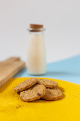 Chocolate cookies with milk. Nutritious and delicious breakfast