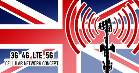 Cellular mobile tower - connection network concept for United Kingdom (UK), vector illustration of 3g 4g LTE and 5g dangerous waves from the cell tower, risk of 5G idea in colors blue, red, white