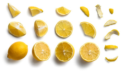 Set of lemon slices on a white background. The view from the top