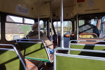 Interior of a vintage bus in the West Midlands