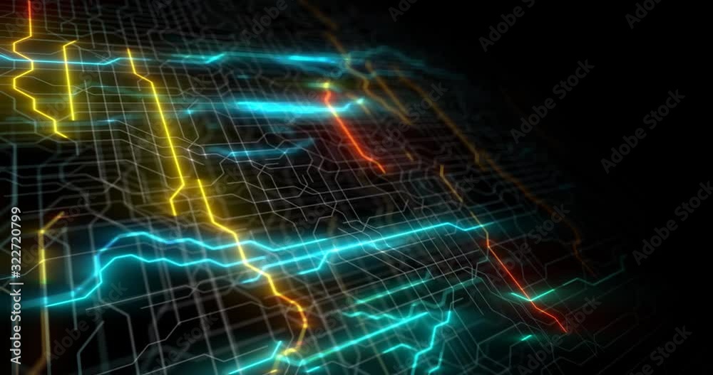 Poster circuit board futuristic server code processing. orange, green, blue technology background with boke