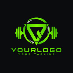 Q Initial letter fitness logo in triangle shape combined with dumbbell