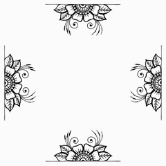 Square frame of oriental mehndi elements with copy space. Hand-drawn outline flowers in indian henna tattoo style for banners, cards, social networks template. Stock vector illustration isolated.