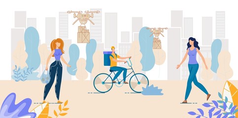 Air and Land Food, Parcels, Drugs Delivery Service. Drone Transportation Packages over Cityscape. Man Courier Riding Bicycle. Fresh Food Basket Shipping. Women Citizen Potential Customers Walking