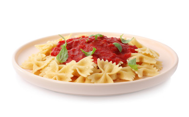Tasty pasta with tomato sauce and basil isolated on white