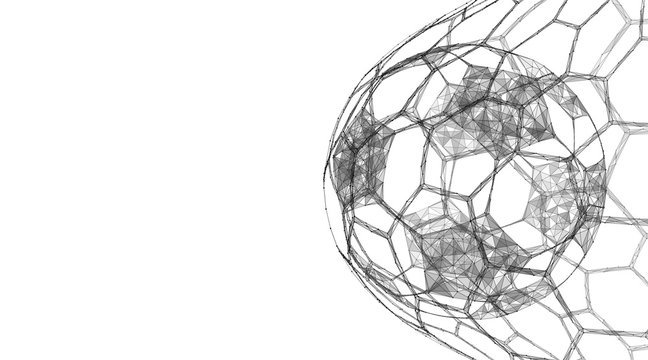 Soccer ball in the goal net. Sports equipment. Low-poly 3D vector illustration.