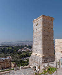 Fototapeta na wymiar Athens Greece, defensive tower at the propylaea entrance to Acropolis
