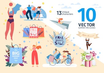 Summer Time Sales Scenes, Preparing to Vacations Season Concepts Trendy Flat Vectors Set. Happy Couple Going on Shopping, Family Riding Bicycle, People Returning from Ship with Purchases Illustration