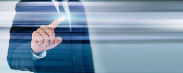 businessman pressing transparent button on virtual screens.