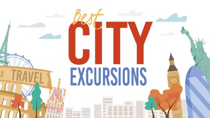 Obraz premium Best City Excursion and Worldwide Travelling Poster. Famous Landmark, Building, Statue, Monument in Europe, America. Time to Travel. Architecture Attraction Sightseeing. Vector Tourism Illustration