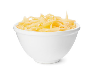 Bowl with grated cheese isolated on white