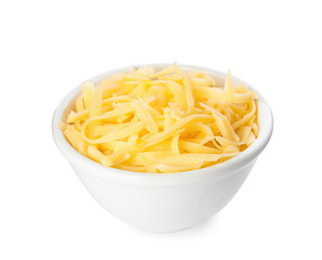 Bowl with grated cheese isolated on white