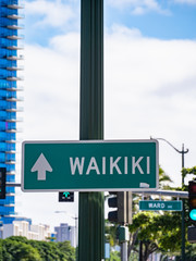 Waikiki direction signs in Honolulu, Oahu Island, Hawaii.