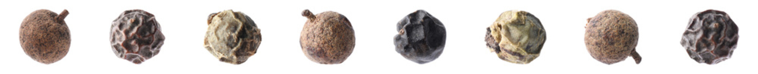 Set of different peppercorns on white background. Banner design