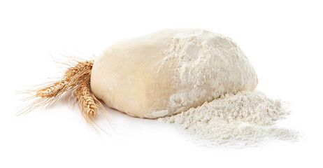 Dough, flour and spikelets on white background. Cooking pastries