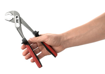 Auto mechanic holding adjustable pliers isolated on white, closeup