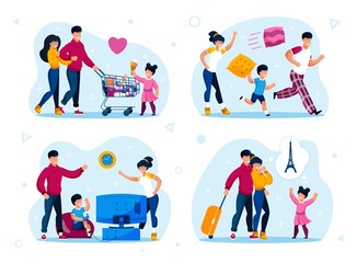 Naklejka premium Happy Family Home Activities, Vacation Leisure Trendy Flat Vector Concepts Set. Parents with Children Buying Groceries in Store, Relaxing Together at Home, Traveling to Foreign Country Illustrations
