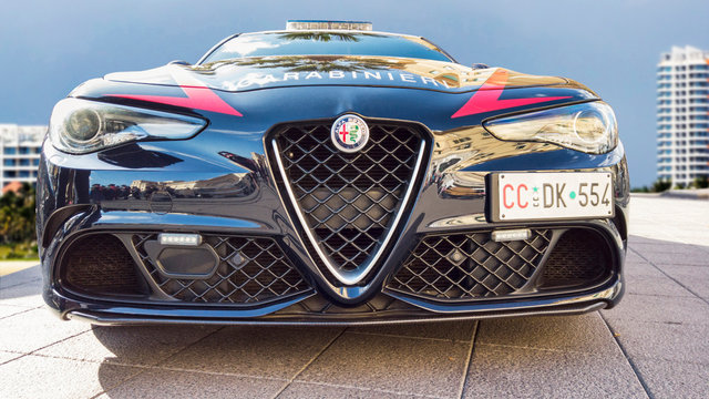Low angle front view of car model Alfa Romeo Giulia Quadrifoglio supplied at Italian military corp of Carabinieri and used for social service, Rome, Italy - December 1, 2019