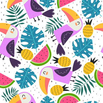  Summer seamless pattern with cartoon toucans, watermelons, pineapples, tropical leaves decor elements. colorful vector. hand drawing, flat style. design for fabric, print, textile, wrapper
