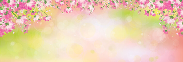 Fototapeta na wymiar Vector pink floral border on spring, bokeh background.