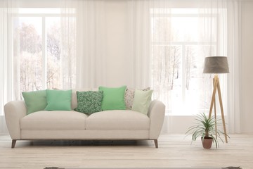 Stylish room in white color with sofa. Scandinavian interior design. 3D illustration