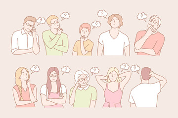 Set of thinking people concept. Illustration of bundle of thoughtful people with question mark. Group of young men and women are thinking and solving problems. Brainstorm process in cartoon style.