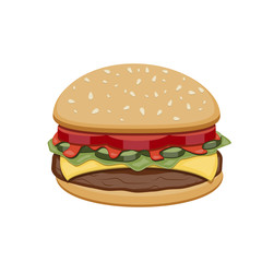 Vector drawing of hamburger with cheese, tomatoes, chop, lettuce, cucumber in Illustration for design fast food menu. Hamburger isolated icons.