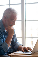 Pensive and concentrated senior man, with a white beard, using the laptop. An elderly Caucasian person. Elderly person and new technology