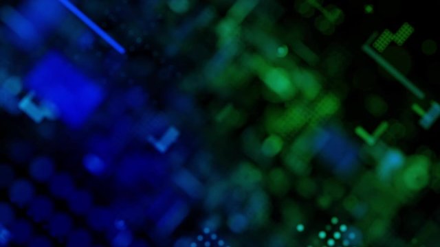3D Rendering Abstract background flying pass through block and pixel element for cyber futuristic and technology concept with dark and grain processe