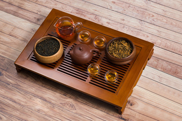 Top view tea set on a wooden table