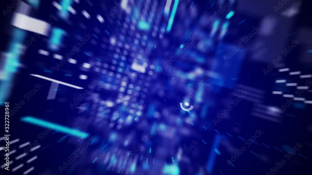 Poster 3d rendering abstract background flying pass through block and pixel element for cyber futuristic an