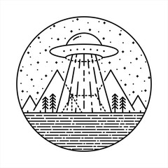 UFO Alien Invasion Camp Hike Nature Wild Line Graphic Illustration Vector Art T-shirt Design
