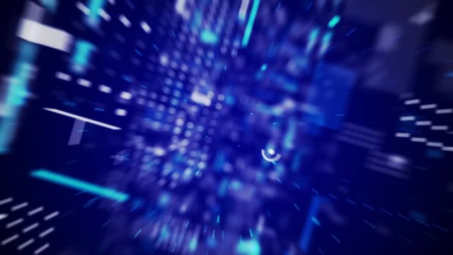 3D Rendering Abstract background flying pass through block and pixel element for cyber futuristic and technology concept with dark and grain processe