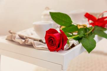 red rose on breakfast set table set  in luxury hotel suite. Love celebration, Valentine day.