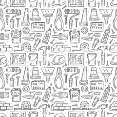 Home repair tools, instruments cartoon cute hand drawn doodle vector seamless pattern, texture, backdrop. Funny monochrome design. Isolated on white background. Building decorative design elements.  