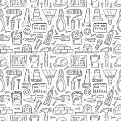 Home repair tools, instruments cartoon cute hand drawn doodle vector seamless pattern, texture, backdrop. Funny monochrome design. Isolated on white background. Building decorative design elements.  