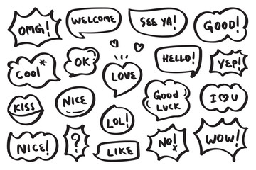 Hand drawn set of speech bubbles with dialog word. Vector illustration.