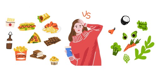 Female cartoon character dieting and healthy eating.Woman choosing between healthy and unhealthy food concept flat vector illustration. Fastfood vs balanced menu comparison isolated clipart. 