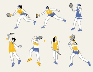 Fototapeta na wymiar Tennis players. Woman holding racket and hitting ball playing tennis. Isolated cartoon vector characters set. Illustration of player tennis with racket, play sport activity