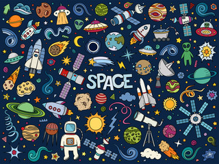 Colorful hand drawn vector doodle set of Space symbols and objects