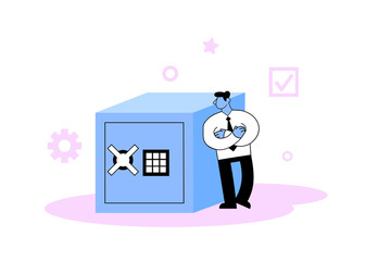 Cartoon businessman standing next to big security safe. Flat style vector illustration. Isolated on white background.