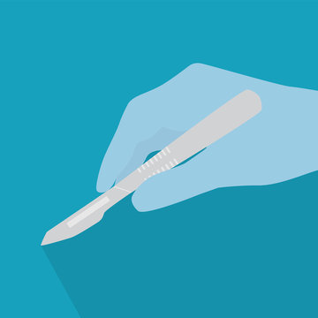 hand in medical glove holding a scalpel icon- vector illustration