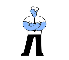 Cartoon businessman standing with arms crossed. Flat style vector illustration. Isolated on white background.