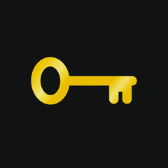 Key icon symbol. Shining golden color. Simple shape logo. Vector illustration image. Yellow silhouette sign. Isolated on black background.