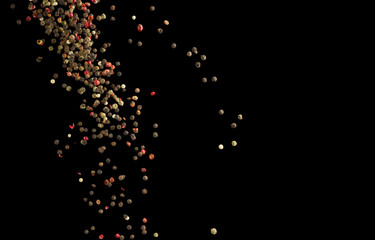 Whole coloured pepper spice flying in the air close up. Zero gravity concept.