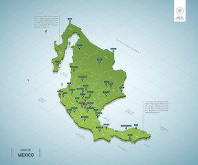 Stylized map of Mexico. Isometric 3D green map with cities, borders, capital, regions. Vector illustration. Editable layers clearly labeled. English language.
